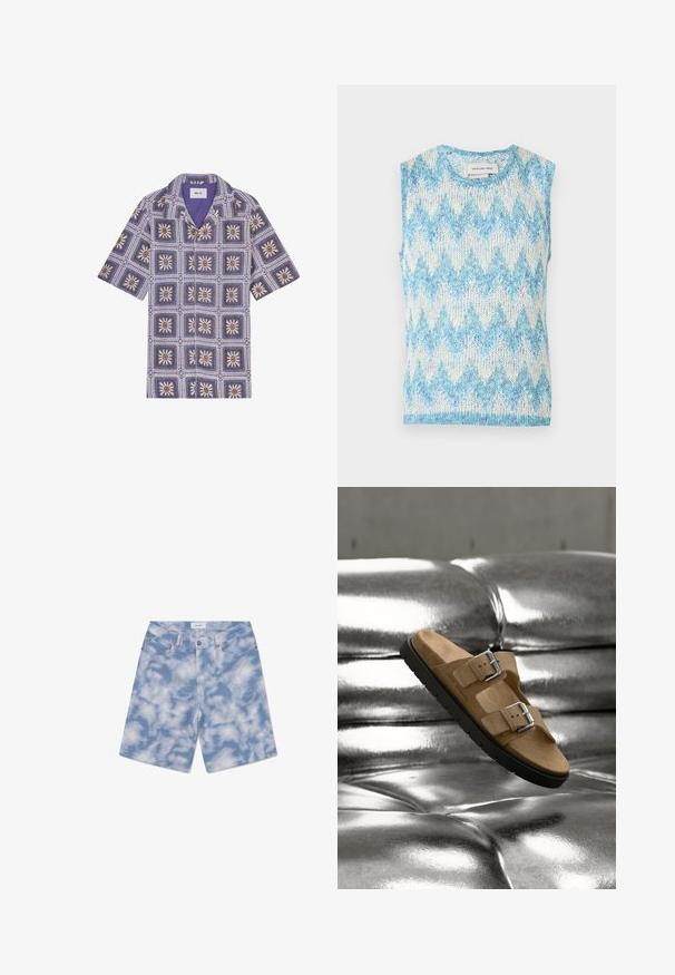 Kortærmet skjorte med et lilla og hvidt firkantet mønster med stiliserede solsikker, lavet af letvægtsmateriale med en afslappet pasform.; Ærmeløs strikket sweatervest med blåt og hvidt zigzag-mønster og rund halsudskæring, lagt fladt på en lys baggrund.; Lys blå denim shorts med et sky mønster. Lavet af bomuld, de har et klassisk fem-lomme design og en knaplukning.; Brun ruskindssandal med to sølvspænder, svævende over en blank sølv tuftet overflade, der viser sorte sål- og indersålsdetaljer.