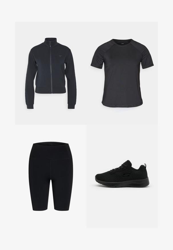 Marine blauwe ritsjack met een hoge kraag, ribgebreide manchetten en een textuur paneel aan de zijkant. Heeft een klein embleem op de borst. Zachte stof.; Zwart sportshirt met korte mouwen en raglanmouwen, met een gladde textuur en een ronde halslijn. Beschikt over gestikte naden en een ontspannen pasvorm.; Zwarte, rekbare shorts met een hoge taille en knielengte, uitgevoerd met platte naden, ontworpen voor sportkleding of casual gebruik.; Zwarte sport sneakers met een bovenwerk van mesh, gewatteerde kraag, vetersluiting en een gestructureerde rubberen zool. Eenvoudige en gestroomlijnde silhouette.