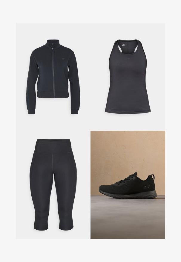 Veste zippée marine avec un col montant, des poignets côtelés et un panneau latéral texturé. Avec un petit emblème sur la poitrine. Tissu doux.; Débardeur de sport noir avec un design dos nageur, fabriqué en tissu lisse et extensible avec des coutures minimales et un détail de logo à l'avant.; Leggings capri noirs en tissu extensible. Conception taille haute avec coutures latérales et ourlet fini, texture lisse, sans motifs visibles.; Chaussures de sport noires avec tige texturée, bout rond et lacets. Elles disposent d'une semelle rembourrée et d'une languette en boucle au niveau du talon pour un enfilage facile.