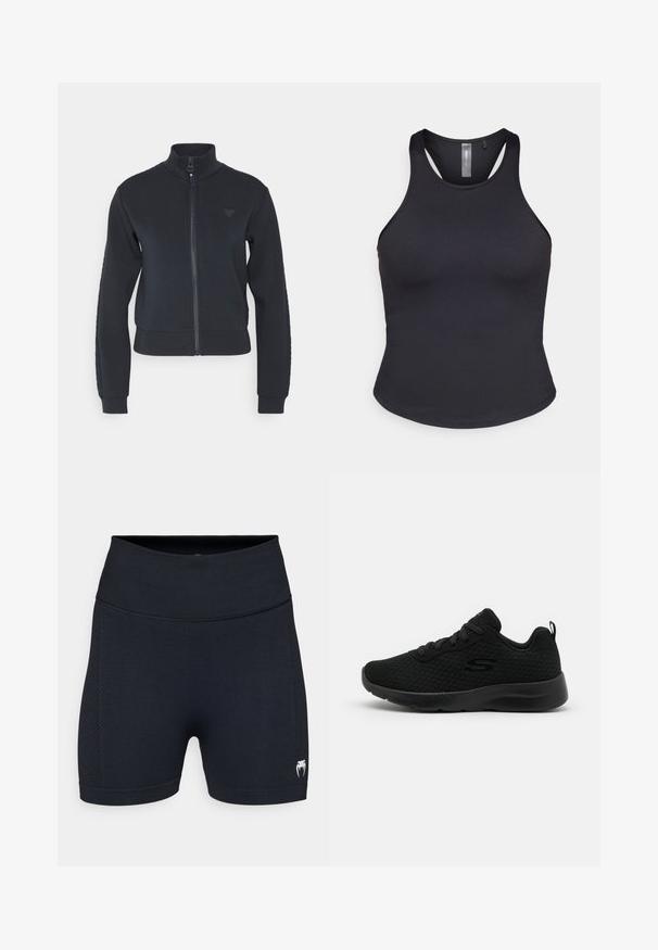 Marine zip-jakke med høj krave, ribbede manchetter og en tekstureret sidelap. Har et lille emblem på brystet. Blødt stof.; ONLY Play ONPSANA SHORT - Top - black; Sorte atletiske shorts med en glat stof og mesh-sidedele. Har en bred talje og et lille logo på det nederste ben.; Sorte atletiske sneakers med en mesh overdel, polstret krave, snørebåndsdesign og en tekstureret gummisål. Enkel og strømlinet silhuet.