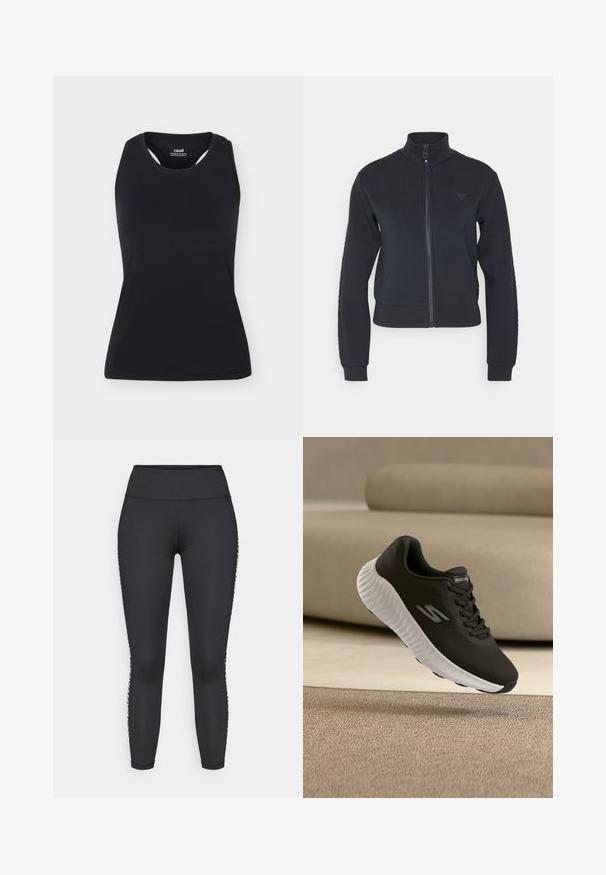 Marine zip-jakke med høj krave, ribbede manchetter og en tekstureret sidelap. Har et lille emblem på brystet. Blødt stof.; Sort ærmeløs sportstanktop med rund halsudskæring og bryderryg, vist på ensfarvet lyst baggrund.; Sorte leggings i fuld længde lavet af strækbart stof, med en glat waistband og hvide mønstrede accenter langs sidesømmene.; Sort Skechers-sneaker med hvid sål, der svæver over en beige tæppe foran en lysebrun sofa.