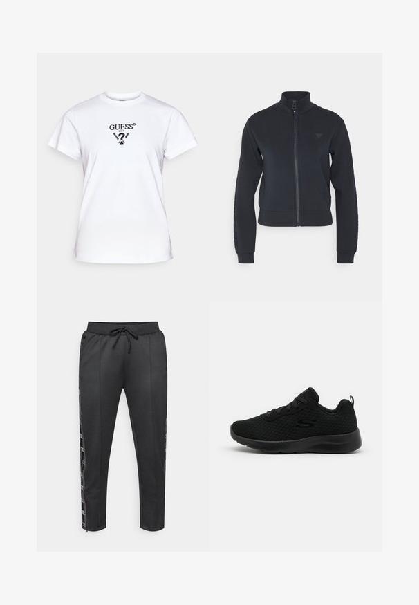 Veste zippée marine avec un col montant, des poignets côtelés et un panneau latéral texturé. Avec un petit emblème sur la poitrine. Tissu doux.; T-shirt en coton blanc avec un col rond, des manches courtes et un imprimé graphique noir avec le texte "GUESS® U.S.A." sur le devant.; Pantalon de sport noir avec taille à cordon de serrage, comportant des panneaux latéraux avec un accent à motif et des chevilles fuselées. Tissu doux, design décontracté.; Baskets de sport noires avec une tige en mesh, un col rembourré, un design à lacets et une semelle en caoutchouc texturé. Silhouette simple et épurée.