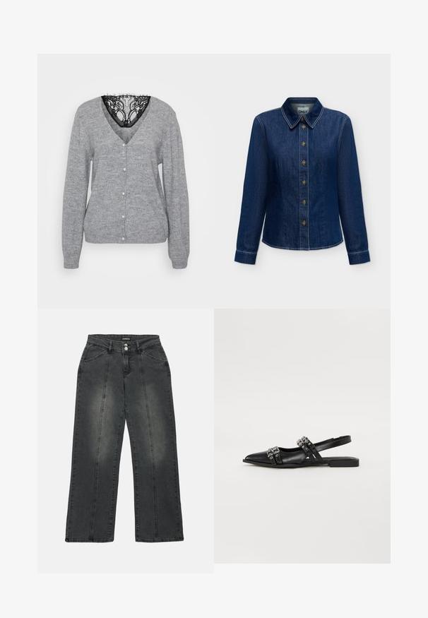 Grauer Cardigan aus weichem Strickmaterial, mit V-Ausschnitt, Perlmuttknöpfen und einem schwarzen Spitzenbesatz am Ausschnitt. Lange Ärmel inklusive.; Dunkelblaues Denim-Hemd mit langen Ärmeln, Knopfleiste vorne und Kragen, sichtbaren Nähten und Markenlabel innen am Kragen.; Weite Jeans aus dunkelgrauem Denim mit hoher Taille, zwei vorderen Taschen, Mittelnähten und dezentem Verblassen des Materials.; Even&Odd by Zalando Sling-Ballerina - black