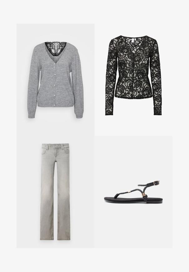 Grauer Cardigan aus weichem Strickmaterial, mit V-Ausschnitt, Perlmuttknöpfen und einem schwarzen Spitzenbesatz am Ausschnitt. Lange Ärmel inklusive.; Schwarze Langarm-Spitzenbluse mit Blumenmuster, durchscheinendem Stoff und rundem Ausschnitt, mit einem vorderen Haken- und Ösenverschluss.; Hellgraue Jeans mit geradem Schnitt, hergestellt aus Denim. Verfügt über zwei vordere Taschen, einen Hosenbund mit zwei Knöpfen und sichtbaren Nähten.; Schwarze flache Sandalen mit geflochtenen Riemen und metallischem Akzent. Verfügt über eine verstellbare Schnalle und eine flache Gummisohle für Komfort.