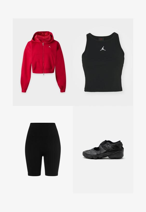 Sudadera roja recortada con cremallera, bolsillos tipo canguro y pequeño logo blanco Jumpman en el pecho izquierdo.; Top ajustado negro de algodón, con un escote redondo y un logo de Jordan blanco bordado en el centro del frente. Textura suave.; Pantalones cortos de ciclismo negros acanalados con una cintura alta, con una textura suave y un corte hasta la rodilla. Sin patrones visibles ni accesorios.; Sandalia deportiva negra con puntera cerrada, correas de velcro en la parte media del pie y el talón, y suela gruesa acolchada con la marca "AIR" en el lateral.