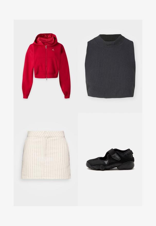 Sweat à capuche rouge court zippé avec poches kangourou et petit logo blanc Jumpman sur la poitrine gauche.; Top court en côtes de couleur bleu marine foncé, avec un col montant et un logo Nike discret. Le tissu a une apparence texturée et extensible.; Jupe crème avec de fines rayures verticales rouges, présentant un design ajusté et un ourlet droit. Fabriquée à partir d'un tissu léger.; Chaussure de sport noire avec un bout arrondi, des sangles réglables et une semelle texturée, vue de côté sur un fond uni.