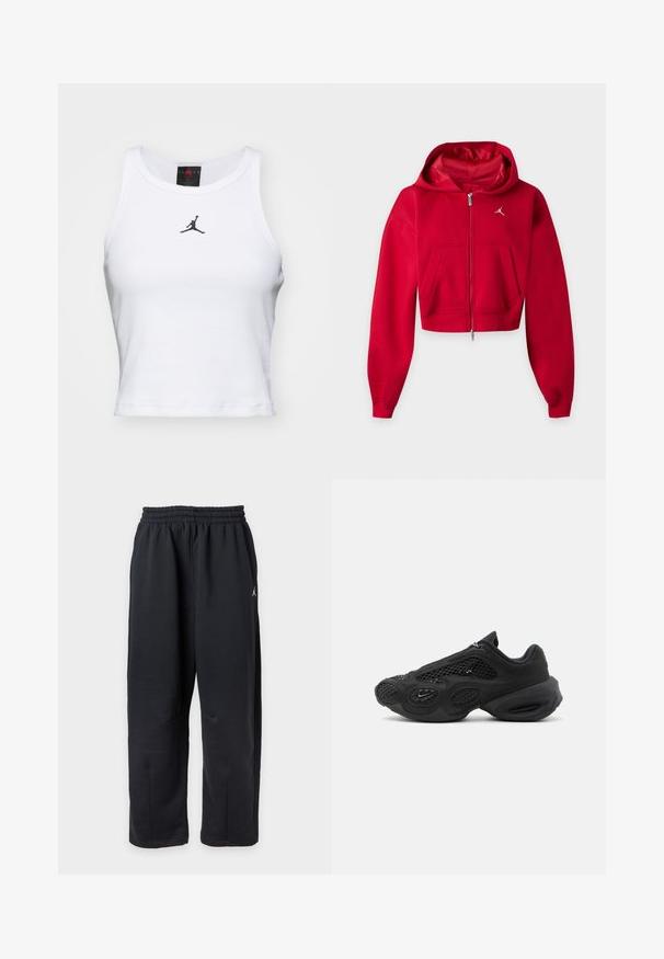 Rode cropped zip-up hoodie met kangoeroezakken en klein wit Jumpman-logo op de linkerborst.; Witte crop tanktop van katoen met een ribbeltextuur. Beschikt over een zwart Jordan-logo in het midden en een klassieke ronde hals.; Zwarte losse sweatpants met elastische tailleband en klein wit logo aan de rechterkant.; Zwarte sportschoen met meshpanelen, dikke gewatteerde zool en klein swoosh-logo aan de zijkant, gefotografeerd tegen een effen achtergrond.