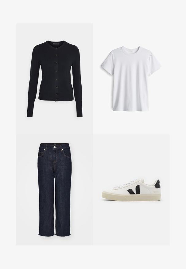 Cardigan bleu marine avec un col rond, fermeture à boutons sur le devant et manches longues. Fabriqué en tissu doux avec un ourlet et des poignets côtelés.; T-shirt en coton blanc avec un col rond et des manches courtes. Texture douce, coupe droite, sans logos ni motifs visibles.; Jean en denim bleu foncé avec une coupe droite, cinq poches et un ourlet brut. Présente des coutures contrastées et un bouton métallique de fermeture.; Baskets en cuir blanc avec un logo V en caoutchouc noir. Semelle texturée blanc cassé, lacets blancs et détail sur le talon arrière portant le nom de la marque en noir.