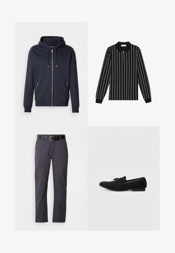 Tumed ZIP-up kapuutsiga hoodie, millel on kahega lukuga küljetaskud ja ribatud mansetid. Valmistatud pehmest, tekstuuriga kangast.; Mustikleib polo särk valgete vertikaalsete triipudega, millel on lukuga krae ja tekstureeritud kangas. Rikkalikud äärised varrukatel.; Mustadest puuvillast sirged püksid, kus on kaks eesmist taskut ja vöö. Kanga tekstuur on sile ja mati viimistlusega.; Mustad nahast loaferid terava nina, lamedal tallal ja dekoratiivse lipsu detailiga esiosas. Lihtne, saleda kujundusega ja siledas tekstuuris.