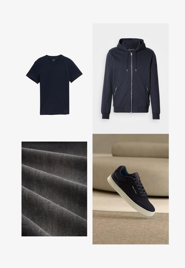 Navy Zip-Hoodie mit Zugkapuze, ausgestattet mit zwei seitlichen Reißverschlusstaschen und gerippten Bündchen. Hergestellt aus weichem, strukturiertem Stoff.; Marineblaue Baumwoll-T-Shirt, kurze Ärmel, Rundhalsausschnitt, glatte Textur, einfaches Design, keine Muster oder Akzente, gerade Saumlinie.; Dunkelgrauer Stoff mit einer weichen Textur, in Falten präsentiert. Die Webart ist eng und zeigt eine glatte, einheitliche Oberfläche.; Schwarzer gestrickter Sneaker mit weißer Sohle und Schnürsenkeln, mit „Marc O'Polo“-Branding, schräg positioniert auf beigem Teppich- und Couchhintergrund.