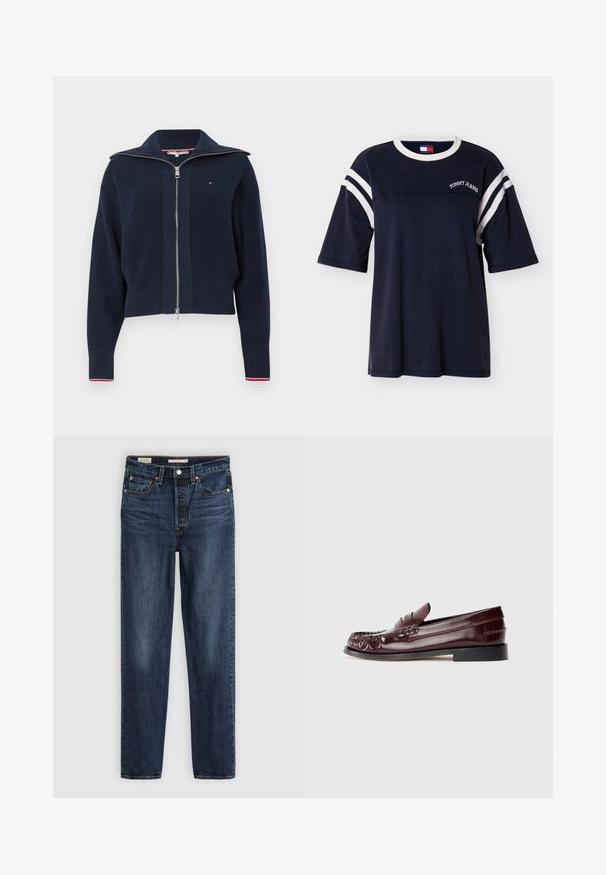 Marineblauwe gebreide trui met een rits aan de voorkant, een brede kraag en geribbeld textuur. Heeft rode en witte accenten op de manchetten.; Marineblauw katoenen T-shirt met een ronde hals, korte mouwen, witte strepen op de mouwen en "TOMMY JEANS" geborduurd op de voorkant.; Diepblauwe rechte jeans met vijf zakken, knoop- en ritssluiting, en contrasterende stiksels.; Bordeaux leren penny loafer met zwarte zool en goudkleurig metalen detail op de vamp, weergegeven in zijaanzicht op een witte achtergrond.