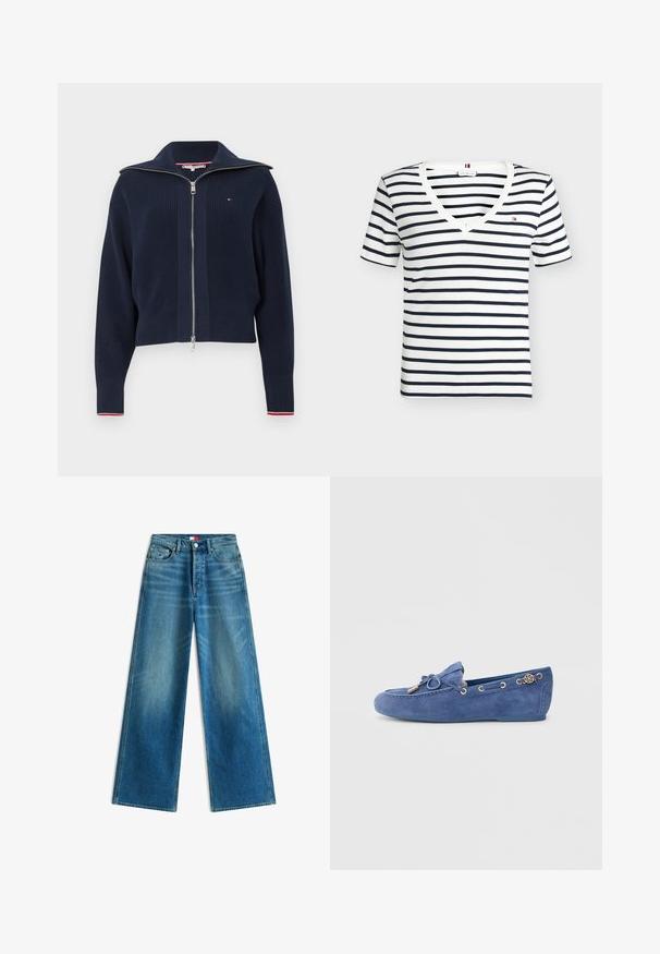 Pull en maille bleu marine avec une fermeture éclair à l'avant, un large col et une texture côtelée. Présente des accents rouges et blancs sur les poignets.; Chemise blanche à manches courtes avec des rayures horizontales noires et un col en V, avec un petit logo Tommy Hilfiger sur la poitrine gauche.; Jean bleu à jambes larges avec poches avant, passants de ceinture, fermeture par bouton et petits détails du drapeau de la marque sur la poche et à la taille.; Mocassin en daim bleu avec un bout arrondi, accent nœud, et œillets dorés ornés d'un logo décoratif sur le talon.