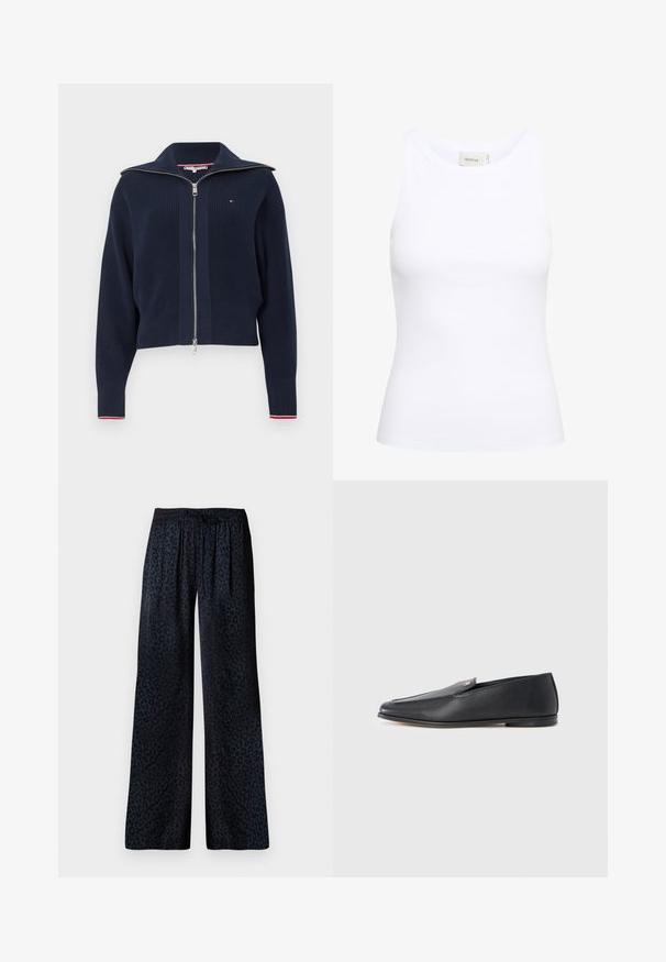 Mørkeblå strikket sweater med lynlås foran, bred krave og ribbet tekstur. Har røde og hvide detaljer på manchetterne.; Hvid ribbet tanktop med rund halsudskæring og uden ærmer. Strækbart stof og tætsiddende design. Etiketten bagpå viser "GESTUZ."; Breddebenede bukser i mørkt stof med et subtilt sort leopardmønster, en elastisk talje og en behagelig drapering.; Sorte læderloafers med en glat tekstur, rundet tå og subtile syningsdetaljer. Har en guldfarvet logoaccent på oversiden.