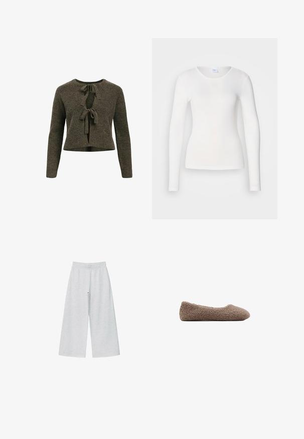 Object Cropped reversible - Kardigán - morel; Biela košeľa s dlhým rukávom vyrobená z jemnej a hladkej látky; má okrúhly výstrih a priliehavý strih, bez vzorov alebo ozdôb.; Svetlo šedé nohavice s širokými nohavicami vyrobené z mäkkej látky s elastickým pásom. Dizajn má voľný strih pre pohodlie a ľahký pohyb.; Hnedé baletné byty s fleece podšívkou a zaoblenou špičkou. Mäkký povrch a bezšvový dizajn, s nízkym profilom. Žiadny viditeľný hardvér.