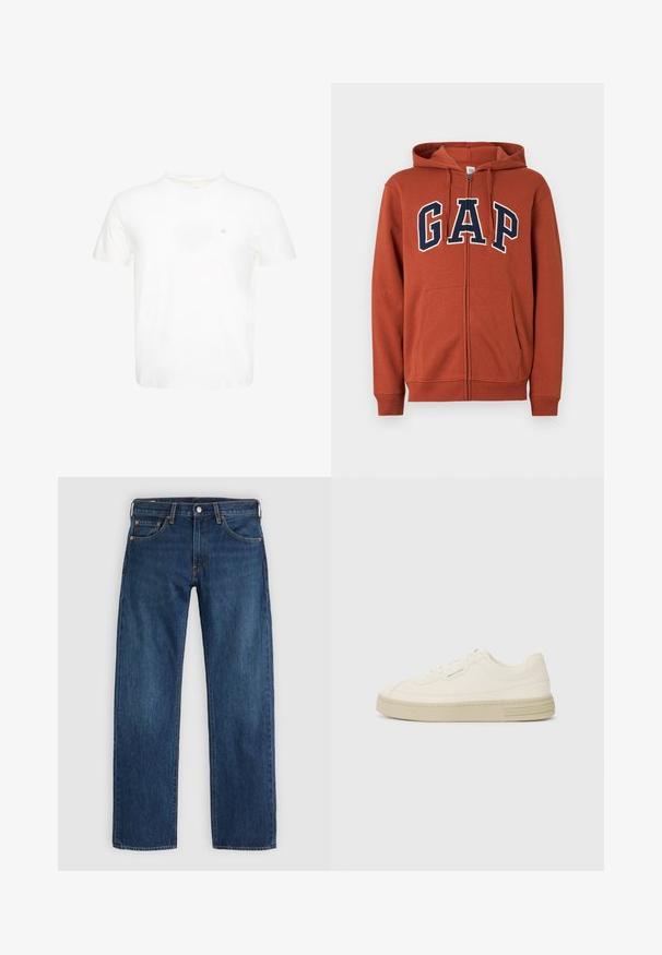 Reißverschluss-Hoodie in Rostfarbe mit Taschen vorne und marineblauen Buchstaben "GAP", die weiß umrandet über der Brust verlaufen.; Weißes T-Shirt mit kurzen Ärmeln und Rundhalsausschnitt mit kleinem gesticktem "ck" Logo auf der linken Brust.; Blaue Jeans aus Denim mit geradem Schnitt, Fünf-Taschen-Design und orangefarbenen Nähten. Der Stoff hat eine glatte Textur und einen satten Farbton.; Weiße Leinen-Sneaker mit einer strukturierten Gummisohle, die eine gestickte Zehenkappe und ein Logo-Detail an der Ferse aufweisen. Einfaches Schnürdesign.