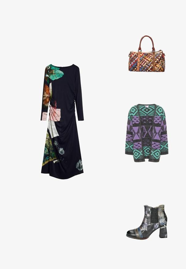 Gebreide cardigan met geometrische patronen in paars, teal en zwart. Open voorkant met lange mouwen en een gestructureerde afwerking.; Het zwarte lange mouwjurk heeft levendige bloemen- en tekstprints, een gestructureerde stof en geplooide details aan één kant, wat zorgt voor een dynamische uitstraling.; Zwarte enkellaars met bloemenpatroon, rekbare zijkant en blokhak. Het heeft meerkleurige strepen en dekoratieve stiksel.; Kleurrijke gevlochten leren handtas met bruine leren handvatten en verticale bies, voorzien van metalen klinknagelaccenten en een ritssluiting aan de bovenkant.
