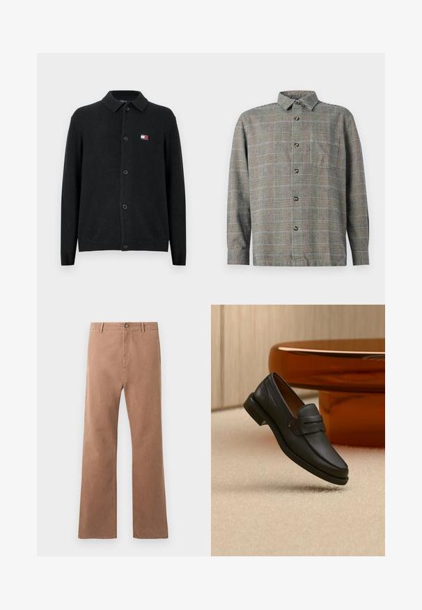 Zwarte wollen cardigan met een kraag, knoopsluiting aan de voorkant en geribbelde manchetten. Klein logoplaatje in rood, wit en blauw op de linkerborst.; Lange mouwen button-up shirt in een beige en zwart geruit patroon met een kraag en een borstzak op een effen achtergrond.; Bruine, rechte broek van katoen. Voorzien van een knoopsluiting, voorkruiken en zichtbare stiksels langs de naden.; Zwarte leren herensloffen met een band over de bovenkant, getoond op een beige tapijt vlakbij een bruine moderne ronde tafel.