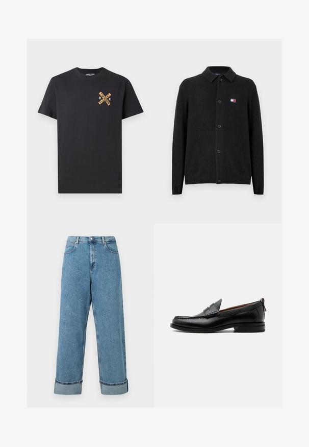Cardigan en laine noire avec un col à revers, une fermeture à boutons sur le devant et des poignets côtelés. Petit patch logo rouge, blanc et bleu sur la poitrine gauche.; T-shirt en coton noir avec un design graphique orange, affichant les mots "ELEMENT" et "SE SOUVENIR" en motif croisé sur la poitrine.; Jeans en denim bleu taille haute avec des jambes larges et des ourlets retroussés, dotés de poches avant et de passants de ceinture.; Mocassin homme en cuir noir avec couture moc toe, bride penny, col texturé et petit talon empilé sur fond blanc.