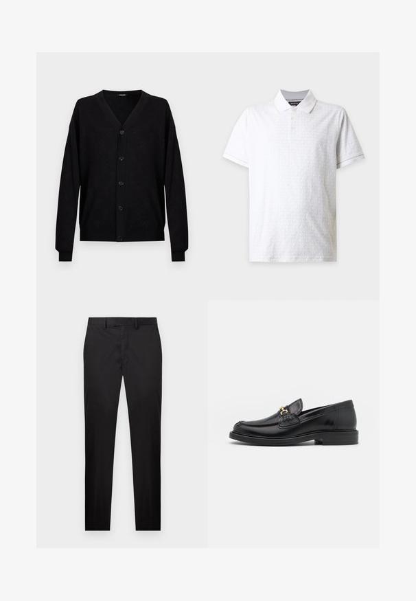 Cardigan noir à col en V avec manches longues, cinq boutons sur le devant, motif discret en losange, et poignets et ourlet côtelés.; Polo blanc à manches courtes avec un motif texturé subtil, trois boutons et un col traditionnel sur un fond uni clair.; Pantalon noir slim avec passants pour ceinture, fermeture avant par bouton et zip, et poches latérales, présenté sur un fond blanc.; Mocassins en cuir noir avec un embout rond, présentant des accents en métal doré et des détails de couture, montés sur une semelle en caoutchouc texturé et basse.