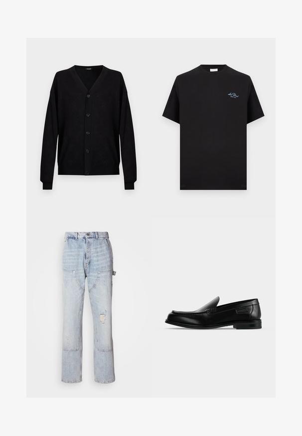 Sort V-hals cardigan med lange ærmer, fem knapper foran, subtilt diamantmønster og ribstrikkede manchetter og kant.; Sort bomulds t-shirt med korte ærmer, med en lille blå broderet logo på venstre bryst og en rund halsudskæring.; Lyseblå denim carpenter jeans med flere lommer, en frontknap, lynlås og slidte detaljer på højre lår.; Sort læder slip-on loafer med lav hæl, rundet tå og dekorative syninger langs øverste kant.