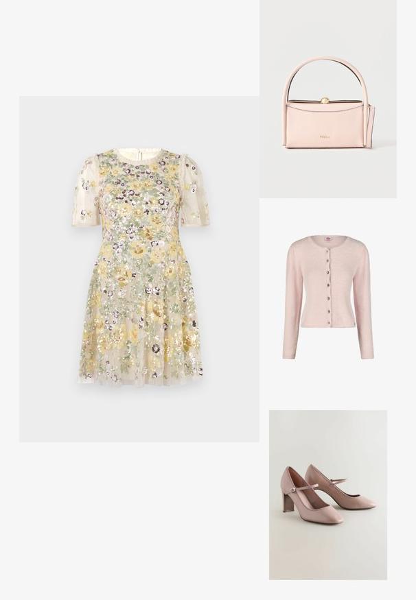 Lichtroze, pluizige cardigan met lange mouwen, een ronde halslijn en zeven decoratieve knopen aan de voorkant.; Needle & Thread ELINA ROSE SHORT SLEEVE MINI DRESS - Galajurk - cream; Roze leren hoge hakken met een puntige neus, kant bovenlangs de opening en een brede enkelband met een metalen gesp detail.; Zachte roze lederen handtas met afgeronde handgreep, gouden sluiting en afneembare riem, minimalistisch design, Furla-logo aan de voorkant.