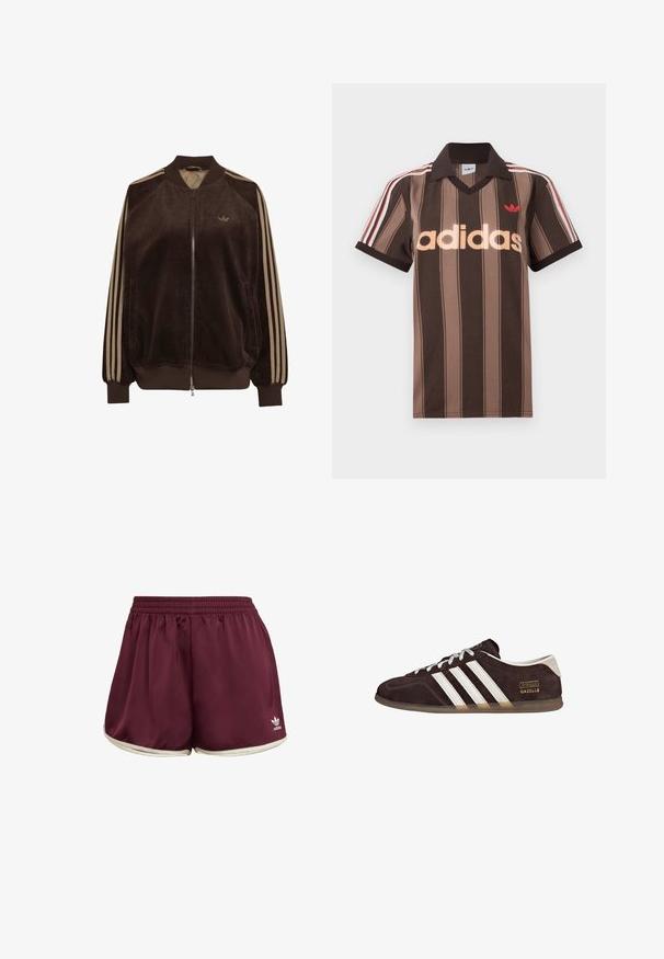 Braune Cord-Jacke mit Reißverschluss und beigen Streifen an den Ärmeln, geripptem Kragen, Bündchen, Saum und kleinem Adidas-Logo auf der Brust.; Braunes gestreiftes Adidas-Poloshirt mit V-Ausschnitt, bordeauxrotem Kragen und rotem Logo. Mit weißen und roten Schulterstreifen, kurzen Ärmeln.; adidas Originals SPRINTER - Shorts - maroon cream white; Braune Wildleder-Sneaker mit drei weißen Streifen, Gummisohle und Textlabel "Gazelle" in Gold. Schnürdesign mit grauen Schnürsenkeln.