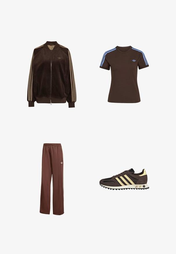 Bruine corduroy jas met rits, beige strepen op de mouwen, geribde kraag, manchetten, zoom en klein Adidas-logo op de borst.; Bruin T-shirt met korte mouwen, lichtblauwe drie strepen op de schouders en klein lichtblauw Adidas-logo op de linkerborst.; Bruine sportbroek met een relaxte pasvorm. Gemaakt van gladde stof, met zijzakken, witte strepen en een klein wit logo op de dij.; Bruine hardloopschoen met suède en mesh materialen, drie gele strepen, afgeronde neus en een zwarte rubberen zool met textuur en gripgaten.