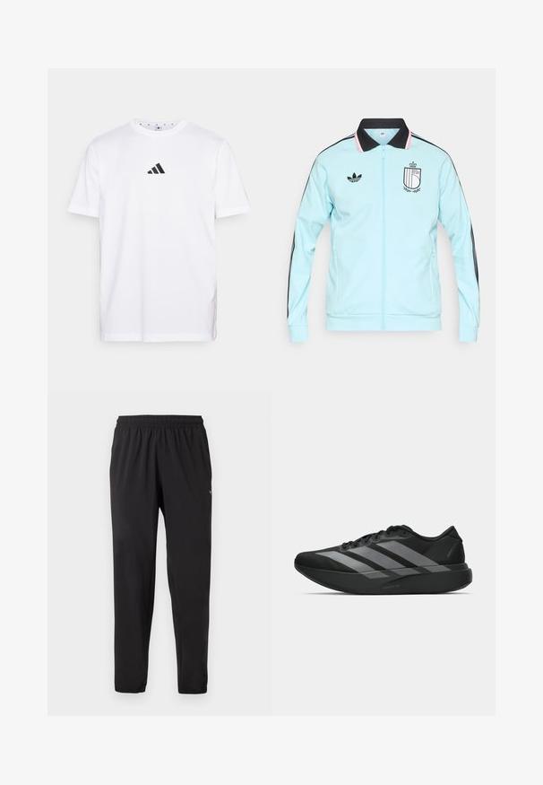 Lyseblå lynlåstrøje med sort krave, der har tre sorte striber ned ad ærmerne og et broderet logo på brystet.; Hvid bomulds T-shirt med et lille sort trekantet logo på brystet, korte ærmer og rund halsudskæring. Enkel og klassisk design.; Sorte atletikbukser med elastisk talje og manchetter, diskret logo på øverste venstre lår, lige benpasform.; Sorte atletiske sko med et let design, der har tre fremtrædende grå striber, en glat overflade og en formet sål.