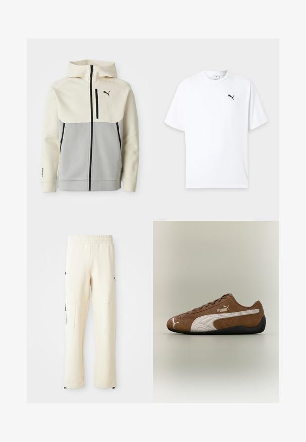 Chaqueta con capucha de Puma que presenta una parte superior en crema y una sección inferior en gris, con cierre frontal, dos bolsillos y detalles del logo en negro.; Camiseta blanca de manga corta con cuello redondo y un pequeño logo negro de Puma en el pecho izquierdo sobre un fondo claro.; Pantalones de chándal de color beige claro, hechos de un tejido suave. Presentan un logo negro, bolsillos laterales con cremalleras y un corte relajado.; Zapatilla de ante marrón con detalles en blanco y diseño texturizado. Cuenta con una suela de goma negra y un prominente logo de Puma en el lateral.
