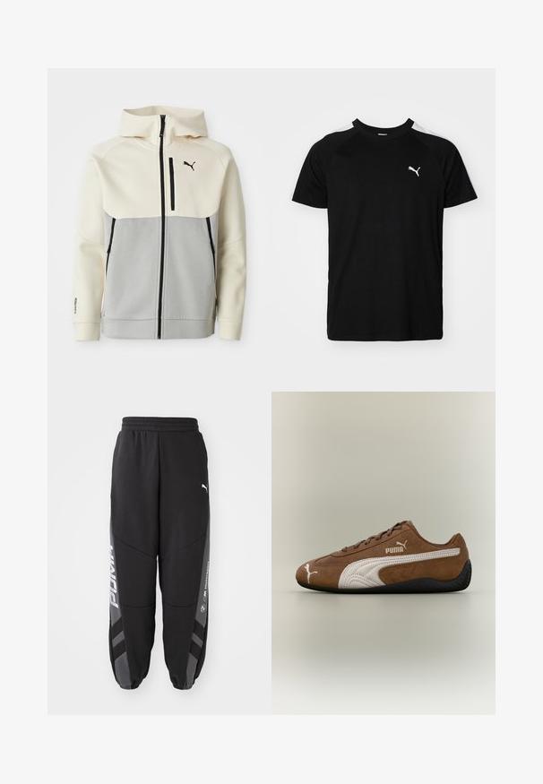 Chaqueta con capucha de Puma que presenta una parte superior en crema y una sección inferior en gris, con cierre frontal, dos bolsillos y detalles del logo en negro.; Camiseta negra de manga corta con franjas blancas en los hombros, escote redondo y pequeño logo blanco en el lado izquierdo del pecho. Tejido suave, corte clásico.; Pantalones de chándal negros hechos de material suave. Con cinturilla elástica, piernas ajustadas, detalles en gris y logotipos blancos en los laterales.; Zapatilla de ante marrón con detalles en blanco y diseño texturizado. Cuenta con una suela de goma negra y un prominente logo de Puma en el lateral.