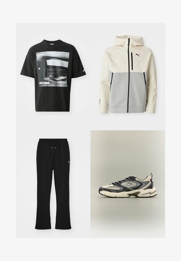 Chaqueta con capucha de Puma que presenta una parte superior en crema y una sección inferior en gris, con cierre frontal, dos bolsillos y detalles del logo en negro.; Camiseta de algodón negra con un estampado gráfico que incluye elementos de texto, como "FORMULA 1 RACING" y "P1". Cuello redondo y mangas cortas.; Pantalones de chándal negros con cintura elástica y cordón, con bolsillos laterales y un sutil logo en la pierna izquierda. Tela suave, forma acampanada.; Zapatilla deportiva en negro y crema con parte superior de malla, suela de goma y un destacado detalle de logo. Punta redondeada con acentos texturizados.