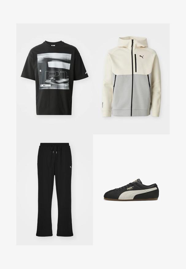 Chaqueta con capucha de Puma que presenta una parte superior en crema y una sección inferior en gris, con cierre frontal, dos bolsillos y detalles del logo en negro.; Camiseta de algodón negra con un estampado gráfico que incluye elementos de texto, como "FORMULA 1 RACING" y "P1". Cuello redondo y mangas cortas.; Pantalones de chándal negros con cintura elástica y cordón, con bolsillos laterales y un sutil logo en la pierna izquierda. Tela suave, forma acampanada.; Zapatilla Puma de perfil bajo en negro con franja lateral beige, cordones negros y suela de goma, mostrando el lado exterior izquierdo con la marca "Puma Tackle".