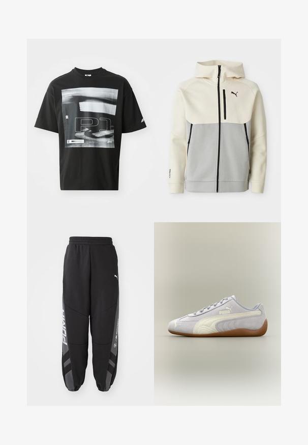 Chaqueta con capucha de Puma que presenta una parte superior en crema y una sección inferior en gris, con cierre frontal, dos bolsillos y detalles del logo en negro.; Camiseta de algodón negra con un estampado gráfico que incluye elementos de texto, como "FORMULA 1 RACING" y "P1". Cuello redondo y mangas cortas.; Pantalones de chándal negros hechos de material suave. Con cinturilla elástica, piernas ajustadas, detalles en gris y logotipos blancos en los laterales.; Zapatilla de deporte Puma de ante gris claro con detalle de raya blanca y suela de goma, vista desde el lateral exterior sobre un fondo neutro.