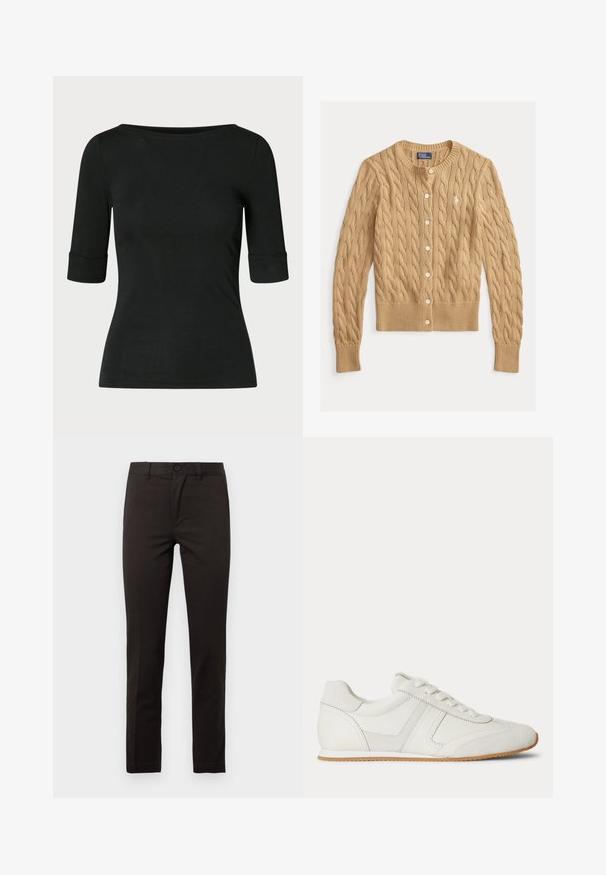 Beige kabelstrikket cardigan med rund halsudskæring, knaplukning foran og lange ærmer. Har ribbet manchetter og kant samt lille broderet logo.; Sort tætsiddende skjorte med albuelange ærmer og en bred, rund halsudskæring på en ensfarvet baggrund.; Sorte, lige bukser lavet af en glat bomuldsblanding; har en forreste knap, lynlås og to sidelommer. Ren, minimalistisk design.; Hvid lavtop sneaker med snørelukning foran, ruskind- og læderpaneler og en lysebrun gummisål på en hvid baggrund.
