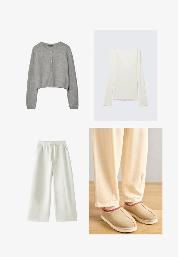 Cardigan court gris avec manches longues et encolure ronde, doté d'une fermeture boutonnée sur le devant.; Haut blanc à manches longues ajustées avec un profond décolleté en V et des manches légèrement évasées, présenté sur un fond gris clair uni.; Pantalon blanc à jambes larges avec taille élastique, cordon de serrage à l'avant, poches latérales, et détails de coutures visibles sur un fond uni.; Pieds portant des chaussons beiges avec une bordure rouge et un pantalon crème debout sur un sol en bois.