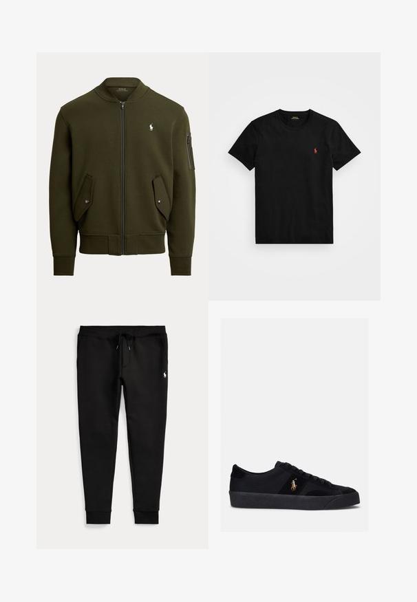 Chaqueta bomber verde oscuro con cremallera, dos bolsillos frontales con solapa, un bolsillo con cremallera en la manga, puños acanalados y un pequeño logotipo blanco de Polo en el pecho.; Camiseta de algodón negra con cuello redondo, mangas cortas y un pequeño logo bordado en rojo en el lado izquierdo del pecho. Textura suave, ajuste clásico.; Pantalones jogger negros con tobillos con puños, cintura con cordón, bolsillos laterales y pequeño logo blanco de jugador de polo en el muslo derecho.; Zapatillas negras con parte superior de tela y ante, puntera redondeada, suela de goma plana y logo bordado en el lateral. Diseño de cordones con seis ojales.