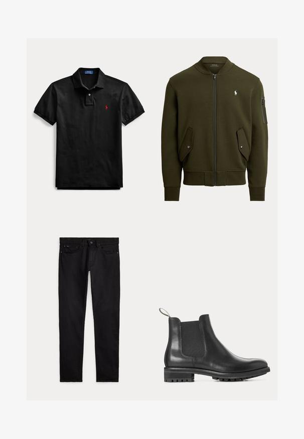 Tmavozelená bomber bunda so zipsom, dvoma prednými vreckami s klopou, vreckom na zips na rukáve, rebrovanými manžetami a malým bielym logom Polo na hrudi.; Čierne polo tričko s krátkym rukávom, golierom, dvojgombíkovou légou a malým červeným vyšívaným logom na ľavej strane hrudníka.; Čierne slim-fit džínsy s prednými a zadnými vreckami, pútkami na opasok a zapínaním na gombík a zips, položené na bielom pozadí.; Čierna kožená Chelsea topánka s elastickými bočnými panelmi, ťahacou slučkou vzadu a ryhovanou gumovou podrážkou s nízkym podpätkom, zobrazená v profile.