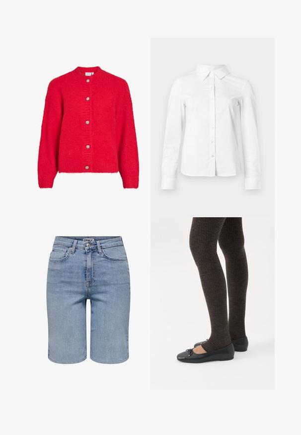 Rød strikket cardigan med lange ærmer og fem sølvfarvede teksturerede knapper foran.; Hvid skjorte med lange ærmer, knapper, spids krave, lige kant og tætsiddende silhuet, vist på en ensartet lys baggrund.; Lyseblå denimshorts med forlommer, bæltestropper, en metalknap og en lynlåslukning.; Ben iført mørke ribbede leggings kombineret med sorte balletsko med små sløjfedetaljer på hvid baggrund.