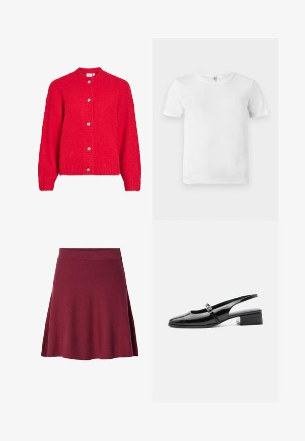 Rode gebreide cardigan met lange mouwen en vijf zilverkleurige gestructureerde knopen aan de voorkant.; Witte t-shirt met korte mouwen en een geribde textuur. Klassieke ronde hals, geen zichtbare logo's of patronen, en een eenvoudig, strak ontwerp.; Bordeaux knielange rok van zacht, rekbaar materiaal; uitlopende stijl met een soepele tailleband en geen zichtbare sluitingen of patronen.; Zwarte lakleren slingback schoen met een lage blokhak en een dunne band met zilveren gesp bovenop.