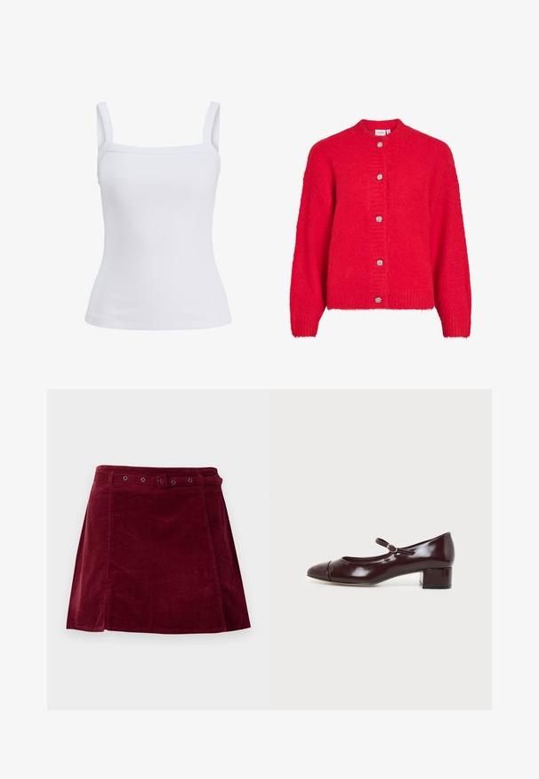 Cardigan de punto rojo con mangas largas y cinco botones plateados texturizados en la parte delantera.; Camiseta sin mangas blanca con textura acanalada, tirantes anchos y escote recto, mostrada sobre un fondo liso.; Falda de pana roja oscura con un cinturón a juego y ojales metálicos, con un ligero corte en línea A y detalle en el panel frontal.; Zapato Mary Jane de charol burdeos oscuro con tacón bajo y bloque y una pequeña correa con hebilla redonda sobre el empeine.