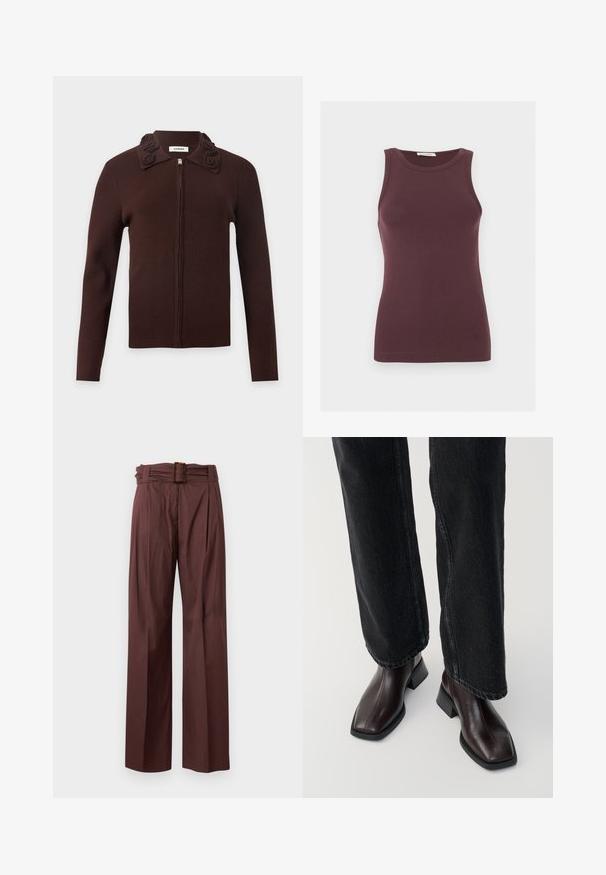 Mørkebrun ribstrikket cardigan med lynlås, lange ærmer og en krave udsmykket med tredimensionelle blomsterdetaljer.; Ærmeløs mørkelilla tætsiddende tanktop med rund halsudskæring og subtilt logo nær kanten, vist på en ensfarvet lys baggrund.; Brune bukser med høj talje, vide ben, plisseret front og et matchende bælte med en rektangulær spænde i skildpaddeskal.; Brune læder ankelstøvler med firkantet tå og blokhæl, parret med sorte brede jeans. Glat tekstur og minimalistisk design.