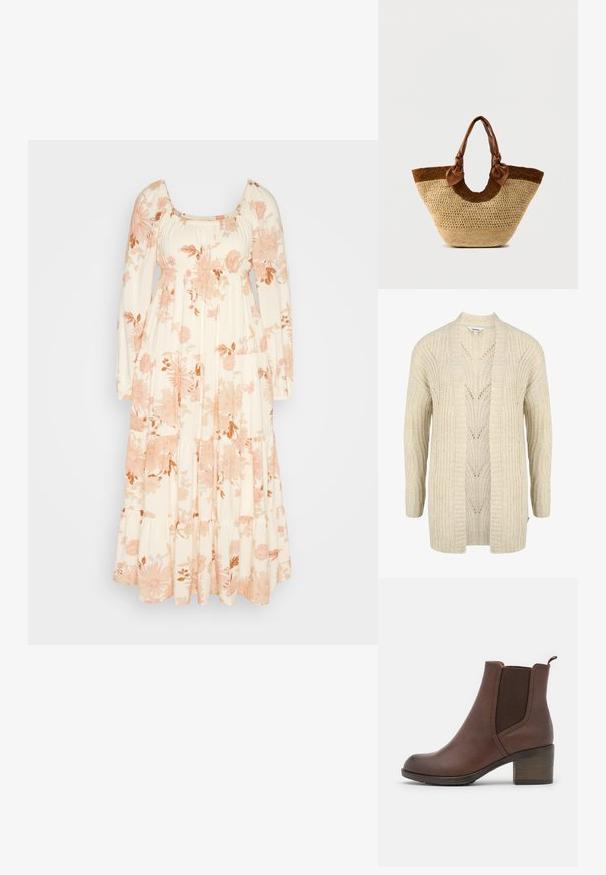 Oxmo OXClea - Ζακέτα - oyster grey melange; American Eagle MIDI - Φόρεμα ημέρας - cream; Καφέ δερμάτινη μπότα αστραγάλου με λεία επιφάνεια, ελαστικά πλάγια πάνελ, στρογγυλεμένη μύτη και μέτριο ξύλινο τακούνι.; Τσάντα ώμου από πλεκτό άχυρο με βάση σε φυσικό χρώμα, σκουρόχρωμες καφέ λεπτομέρειες και καφέ δερμάτινες λαβές με κόμπους στις άκρες.