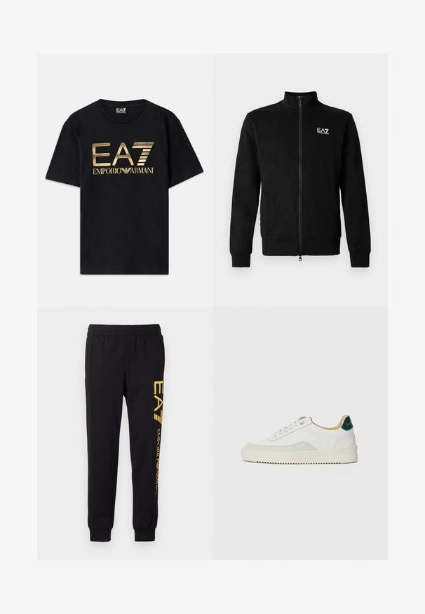 Schwarze Reißverschlussjacke aus glattem Stoff, mit hohem Kragen und gerippten Bündchen. Gedrucktes Logo auf der linken Brust.; Schwarzes Baumwoll-T-Shirt mit kurzen Ärmeln, auf dessen Vorderseite ein in Gold gedrucktes "EA7 EMPORIO ARMANI" Logo prangt. Schlichtes Design, Rundhalsausschnitt.; Schwarze Sweatpants aus weichem Stoff, mit einem elastischen Bund und Bündchen an den Knöcheln. Gelbe Markenbezeichnung vertikal auf dem linken Bein aufgedruckt.; Weiße Sneaker mit Wildlederelementen, runder Zehenpartie, flachen Schnürsenkeln und einer cremefarbenen Gummisohle. Mit grünen Markenlogo am Fersenbereich.