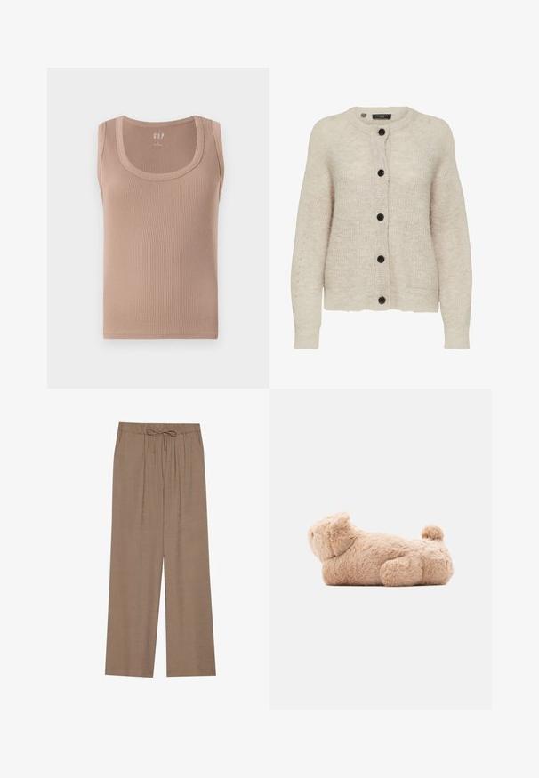 Kremfarvet strikket cardigan med lange ærmer og fem sorte knapper foran, mærket Selected Femme.; Ribbet, ærmeløs tanktop i en blød beige farve. Har en rund halsudskæring og en tætsiddende silhuet med glatte kanter.; Breddebenede bukser i en lys brun farve, lavet af et blødt materiale. Har en elastisk talje med snøre og uden synlige lommer.; Lysebrun plyslegetøj til hund, der ligger på maven med foldede ører og en krøllet hale mod en ensfarvet hvid baggrund.