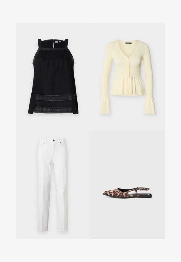 Cardigan crème côtelé à manches longues avec encolure en V, trois boutons sur le devant, taille peplum froncée et poignets évasés.; Top noir sans manches avec bordure en dentelle transparente, buste plissé et dos en trou de serrure. Tissu doux avec une forme lâche et fluide.; Jean slim blanc avec cinq poches, fermeture par bouton métallique et passants de ceinture, présenté à plat sur fond blanc.; Ballerine à enfiler en imprimé léopard, avec un bout pointu, des côtés ouverts et un petit talon noir. Le matériau semble lisse avec un léger éclat.