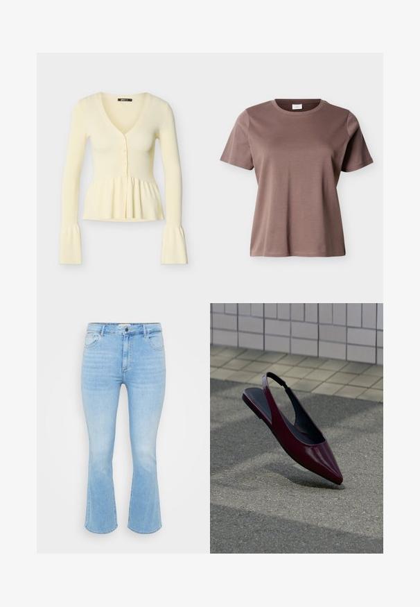 Cremefarvet ribbet cardigan med lange ærmer, V-hals, tre knapper foran, rynket peplumtalje og udvidede manchetter.; Kortærmet, rundhalset T-shirt i mauve-brun bomuld med en løs pasform vist mod en ensfarvet lys baggrund.; Lys blå denim jeans med en tætsiddende talje, flagrende bukseben, fem-lomme design og subtil forvitring i stofstrukturen.; Bordeaux laklæder slingback flad sko med spids tå, svævende over tekstureret fortov nær flisebelagt væg.