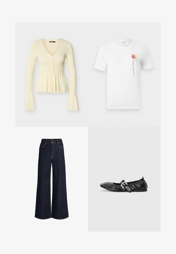 Roomkleurige geribbelde cardigan met lange mouwen, V-hals, drie knopen aan de voorkant, geplooide peplumbaan en uitlopende manchetten.; Wit T-shirt met korte mouwen met een enkele roze roos met een witte strik rond de steel, op het linkerborstgebied.; Donkerblauwe denim jeans met wijde pijpen, voor knopen en rits, voor- en muntenzakjes en zichtbare contrasterende stiksels.; Zwarte leren platte schoen met een spitse neus, geplooide details rond de opening en een zilveren gespaccentueerde verstelbare band.