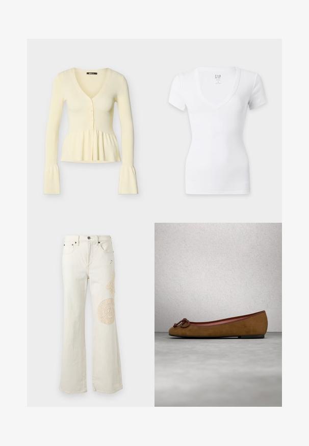 Cremefarbener, gerippter Langarm-Cardigan mit V-Ausschnitt, drei Knöpfen vorne, geraffter Peplum-Taille und ausgestellten Bündchen.; Weißes kurzärmeliges eng anliegendes T-Shirt mit tiefem V-Ausschnitt und kleinem GAP-Logo, das innen am Halsausschnitt aufgedruckt ist.; Off-white Jeans mit geradem Bein, Vordertaschen und beigen Häkel-Patchwork-Details am rechten Oberschenkel und Knie.; Braune Wildleder-Ballettschuhe mit abgerundeter Zehenpartie, die eine geknotete Verzierung an der Vorderseite, dünne rote Einfassung und eine flache schwarze Sohle aufweisen.