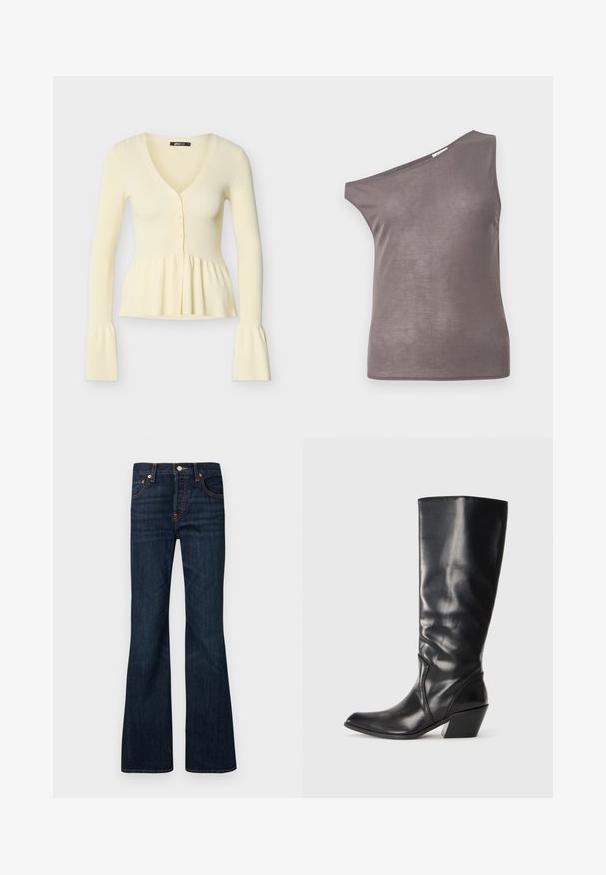 Cremefarvet ribbet cardigan med lange ærmer, V-hals, tre knapper foran, rynket peplumtalje og udvidede manchetter.; Ærmeløs taupe top med enkelt skulderdesign og asymmetrisk halsudskæring, lavet af let, let gennemsigtigt stof.; Mørkeblå denimjeans med en let udvidet ben, lukning med forreste knap og lynlås, fem lommer og synlig orange syning.; Sorte læder knæhøje støvler med spids tå, vinklet hæl og glat tekstur. Funktioner en subtil syning langs siden.
