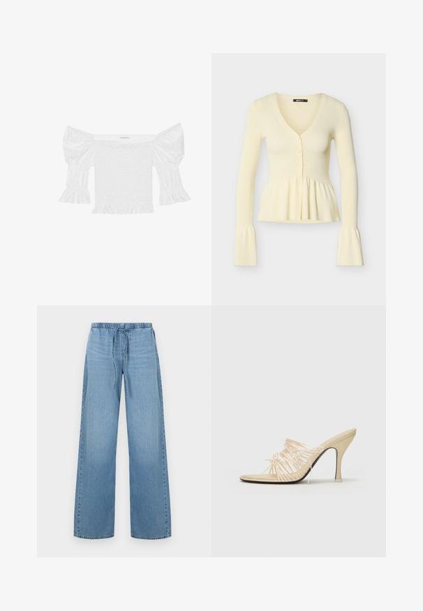 Cárdigan de punto acanalado color crema, de manga larga, con escote en V, tres botones delanteros, cintura fruncida con peplum y puños acampanados.; Top blanco sin hombros con mangas abullonadas, corsé fruncido y dobladillo con volantes acampanados. Hecho de algodón texturizado con detalles de ojales.; Vaqueros de pierna ancha en azul claro, hechos de mezclilla, con una cintura elástica y cordón ajustable. El diseño ofrece un ajuste relajado en las piernas.; NEOUS AURIGA - Mules de tacón - cream